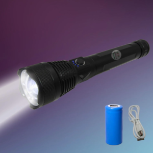 RENMAX Super Strong Beam Zoomable Torch | Rainproof with 5-Light Modes | Blinker SOS | Rechargeable Li-ion Battery | Metal Body Black-Silver -1 Pc