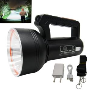 RENMAX LED Flashlight High Brightness 350W 1.5Km Range High/Low/Blinker & Tail Light (White/Red-Blue Blinker) Waterproof 18000mAh Rechargeable Torch Metal Body Black -1Pc