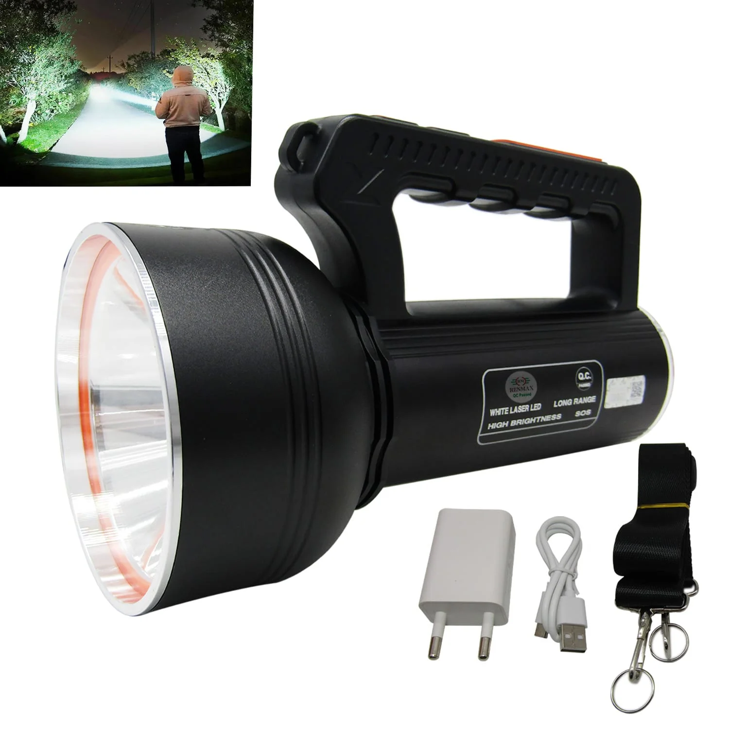 RENMAX LED Flashlight High Brightness 350W 1.5Km Range High/Low/Blinker & Tail Light (White/Red-Blue Blinker) Waterproof 18000mAh Rechargeable Torch Metal Body Black -1Pc