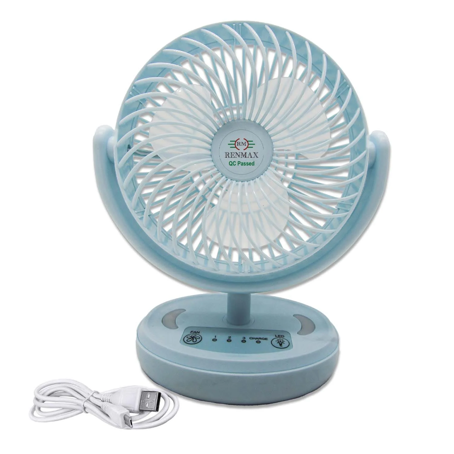 RENMAX Rechargeable Mini Table Fan 3-Speed Dual Battery with LED 601 140 mm 3 Blade Table Fan  (Green | Pack of 1)