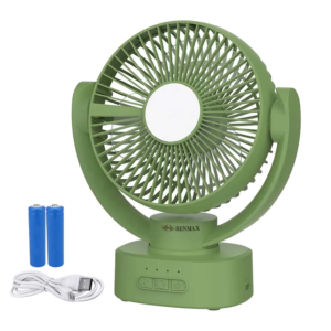 RENMAX Rechargeable Mini Table Fan Dual Battery with LED 614 145 mm 3 Blade Table Fan (Green | Pack of 1)