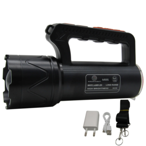 RENMAX Rechargeable Search Zoom Focus Torch High Power Brightness 400W 2Km Range High/Low/Blinker & Tail Light (White/Red-Blue Blinker) Waterproof 4-8 Hours Working Metal Body Black -1Pc