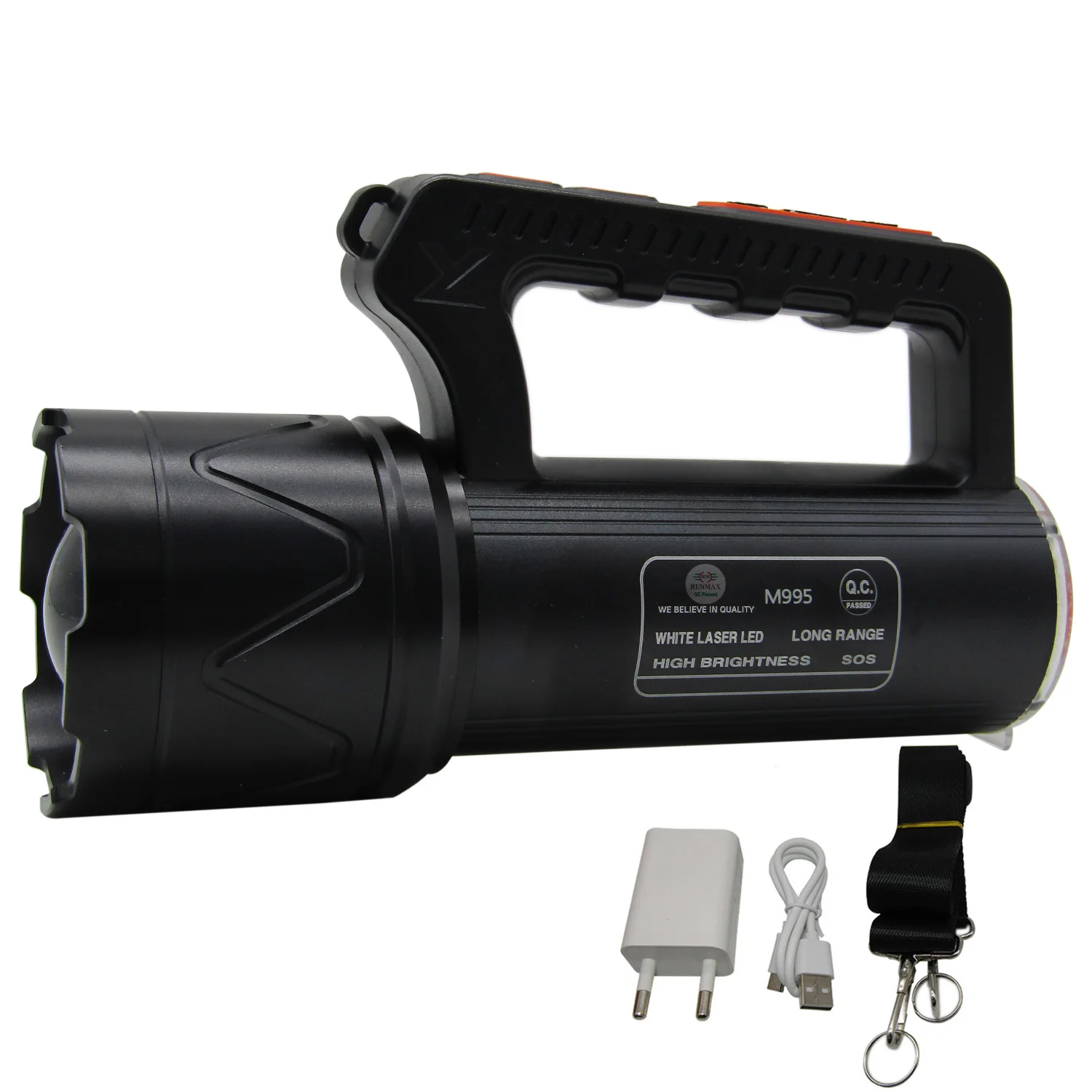 RENMAX Rechargeable Search Zoom Focus Torch High Power Brightness 400W 2Km Range High/Low/Blinker & Tail Light (White/Red-Blue Blinker) Waterproof 4-8 Hours Working Metal Body Black -1Pc